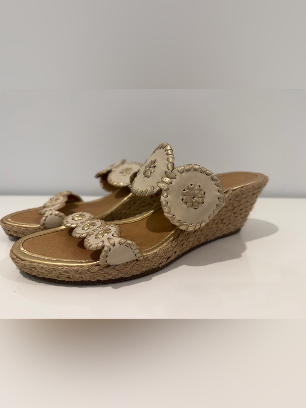 Jack Rogers Beige Wedge Sandals with Decorative Medallions - Women's Slip-On